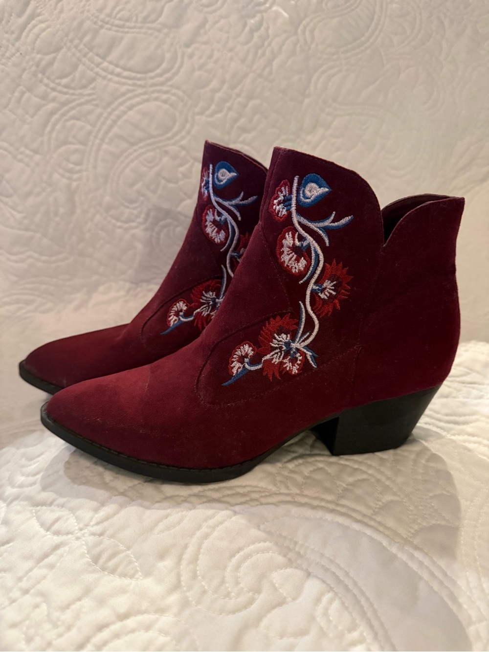 Carlos by Carlos Santana Burgundy Suede Embroidered Ankle Booties